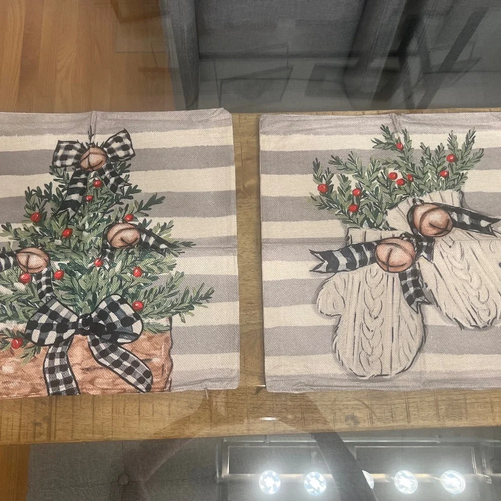 Christmas tree mittens grey tan beige black white pillow covers